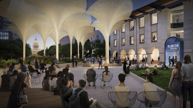 Diseño 3D del patio del Museo de Arte Blanton orientado al sur con el Capitolio del Estado de Texas al fondo
